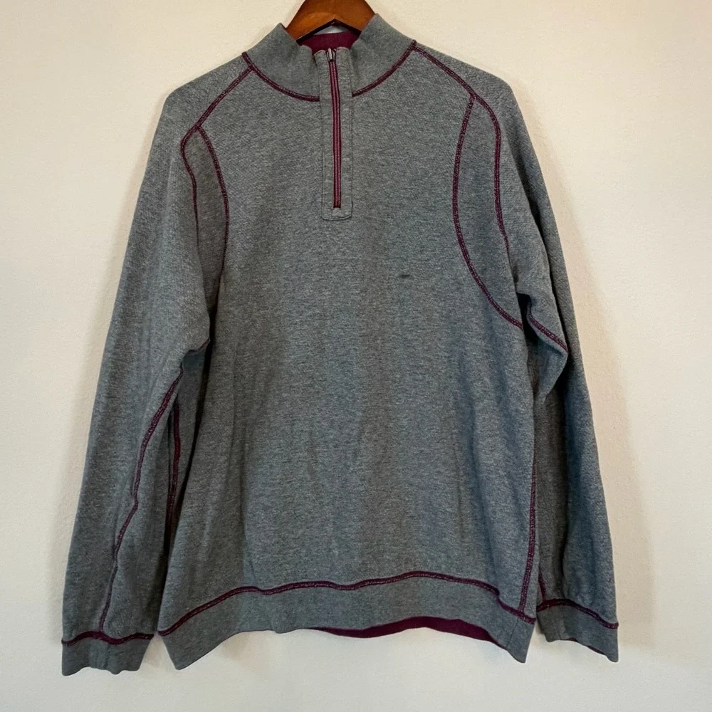 Tommy Bahama Mens XL Quarter Zip Pullover Burgundy Heather Mock Neck Marlin Logo